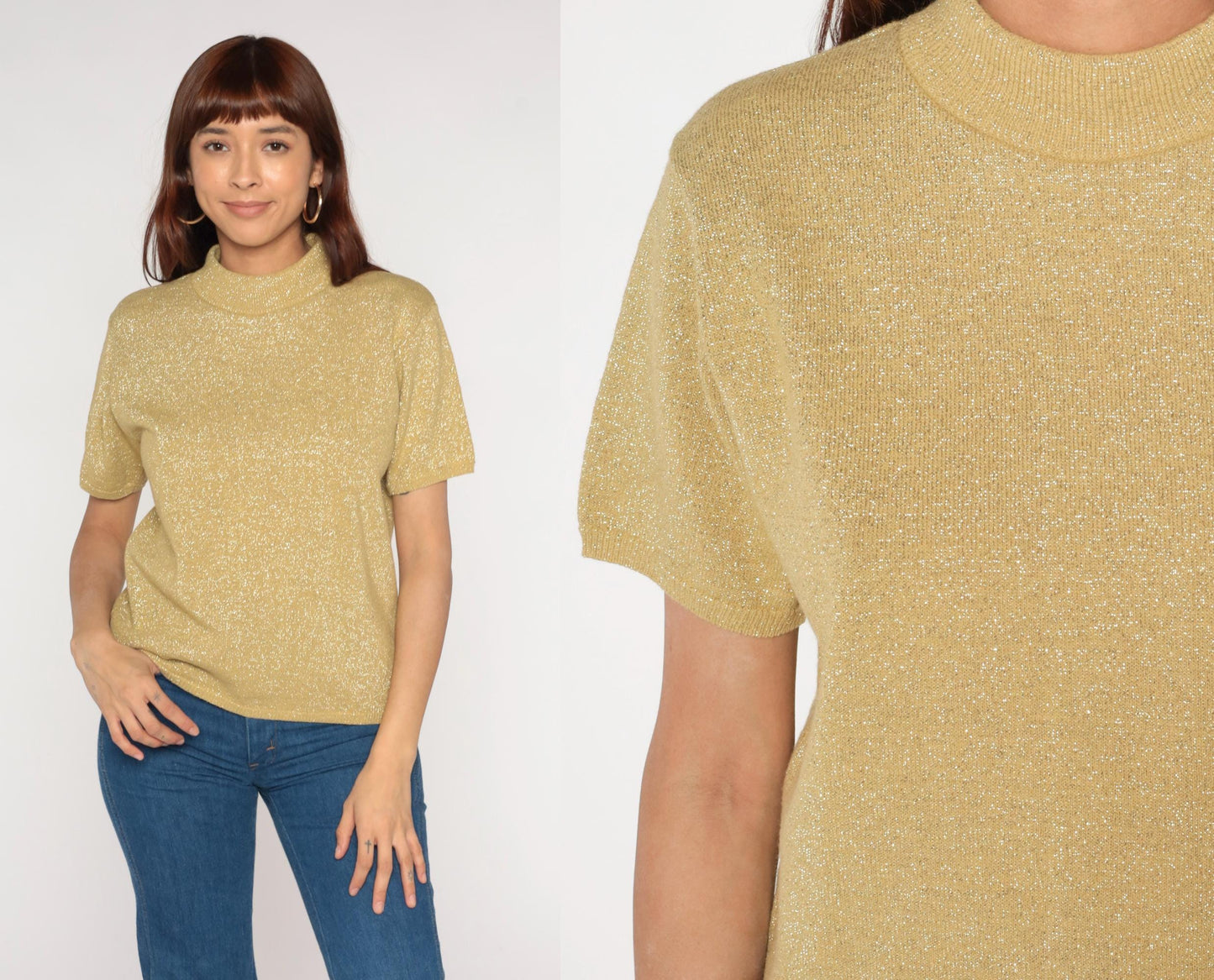 90s Gold Sparkly Knit Short Sleeve Blouse Medium