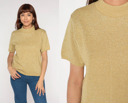 90s Gold Sparkly Knit Short Sleeve Blouse Medium