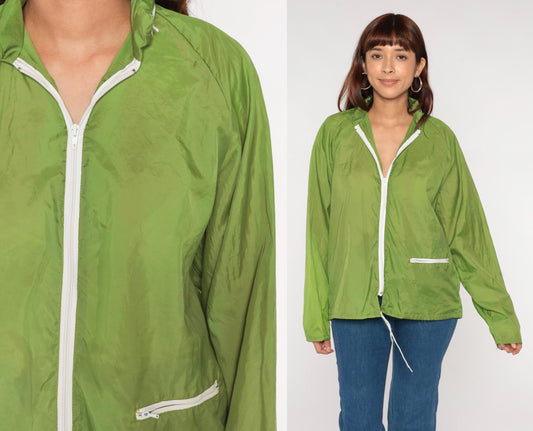 70s Lime Green Windbreaker Nylon Zip Hood Jacket Large L