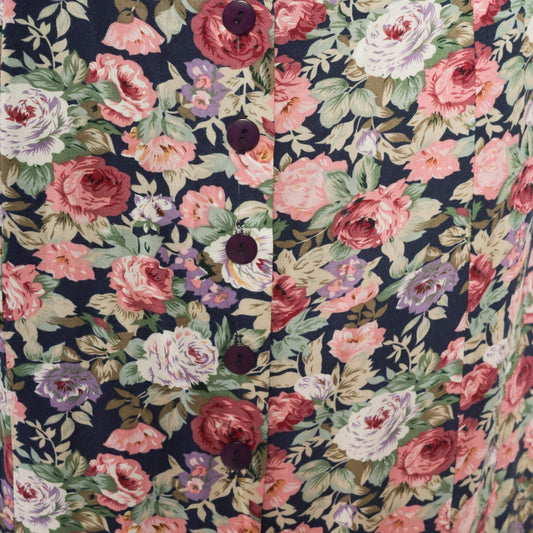 90s Navy Floral Maxi Skirt Button Front Rose Print Long Large L