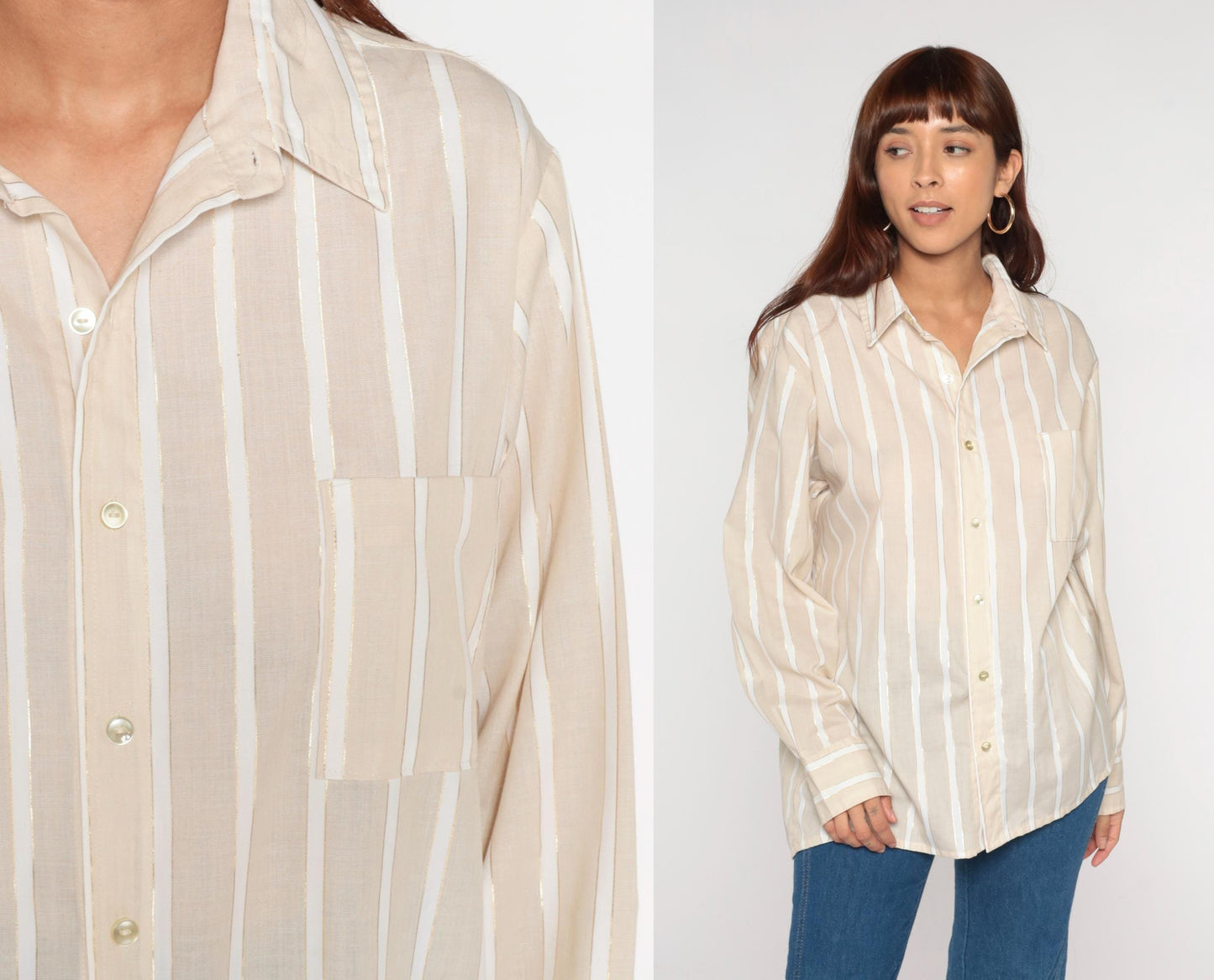 70s Beige Striped Button-Front Shirt Long Sleeve Chest Pocket Extra Large