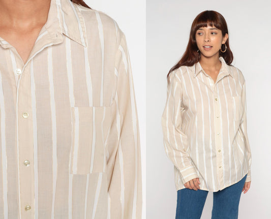 70s Beige Striped Button-Front Shirt Long Sleeve Chest Pocket Extra Large