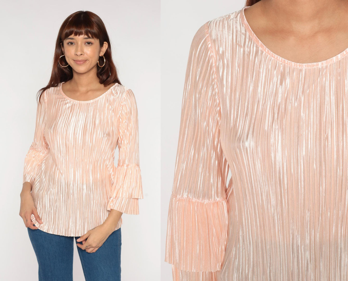 80s Pink Metallic Pleated Blouse Long Sleeve Ruffle Bell Cuffs Medium