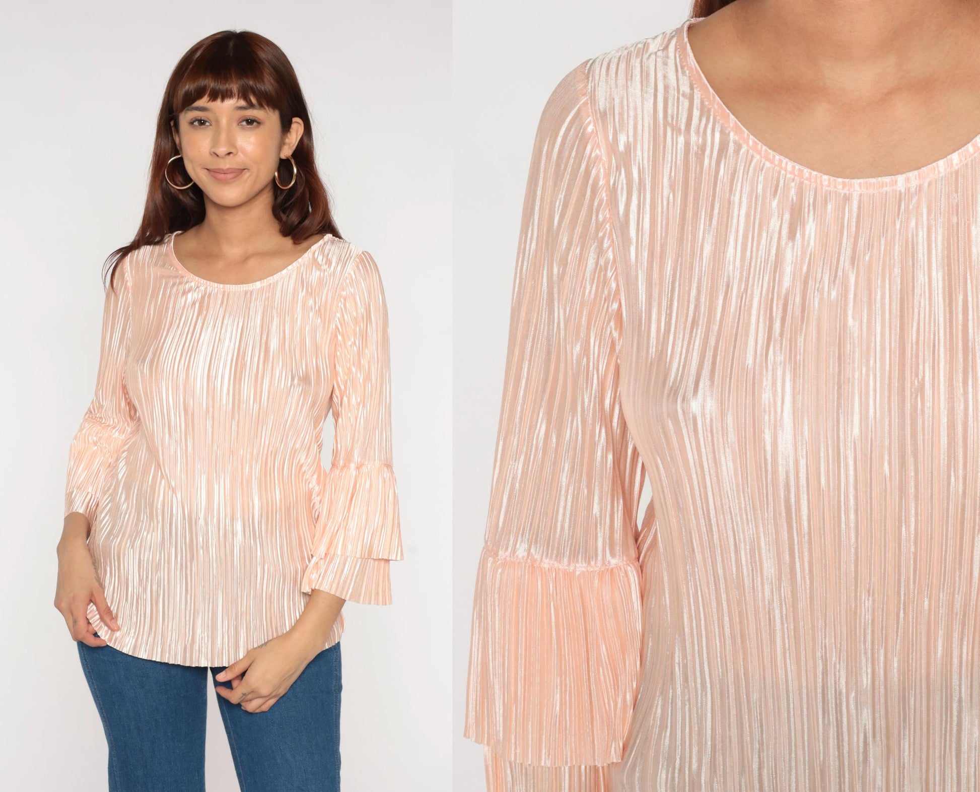 80s Pink Metallic Pleated Blouse Long Sleeve Ruffle Bell Cuffs Medium