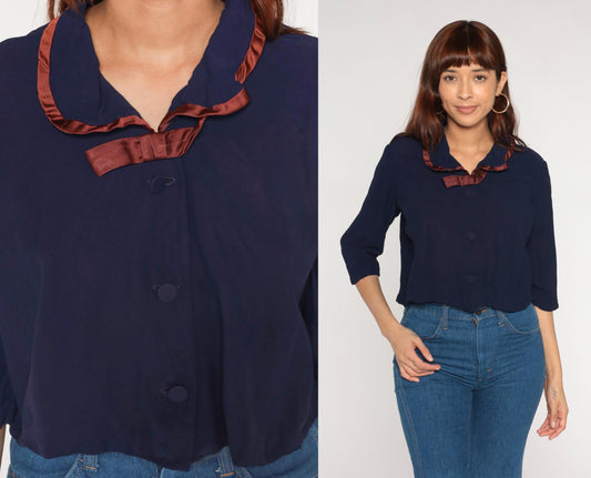 60s Puritan Forever Young Navy Blouse Rust Satin Collar Cropped Medium Large