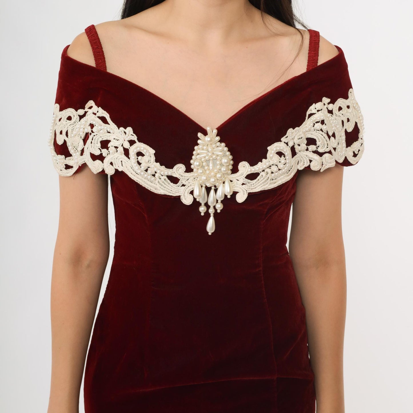 90s Burgundy Velvet Maxi Gown Off-Shoulder Pearl Beaded Lace Small