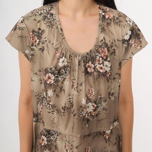 70s Floral Midi Day Dress Beige Taupe Multicolor Print Short Sleeve Large L