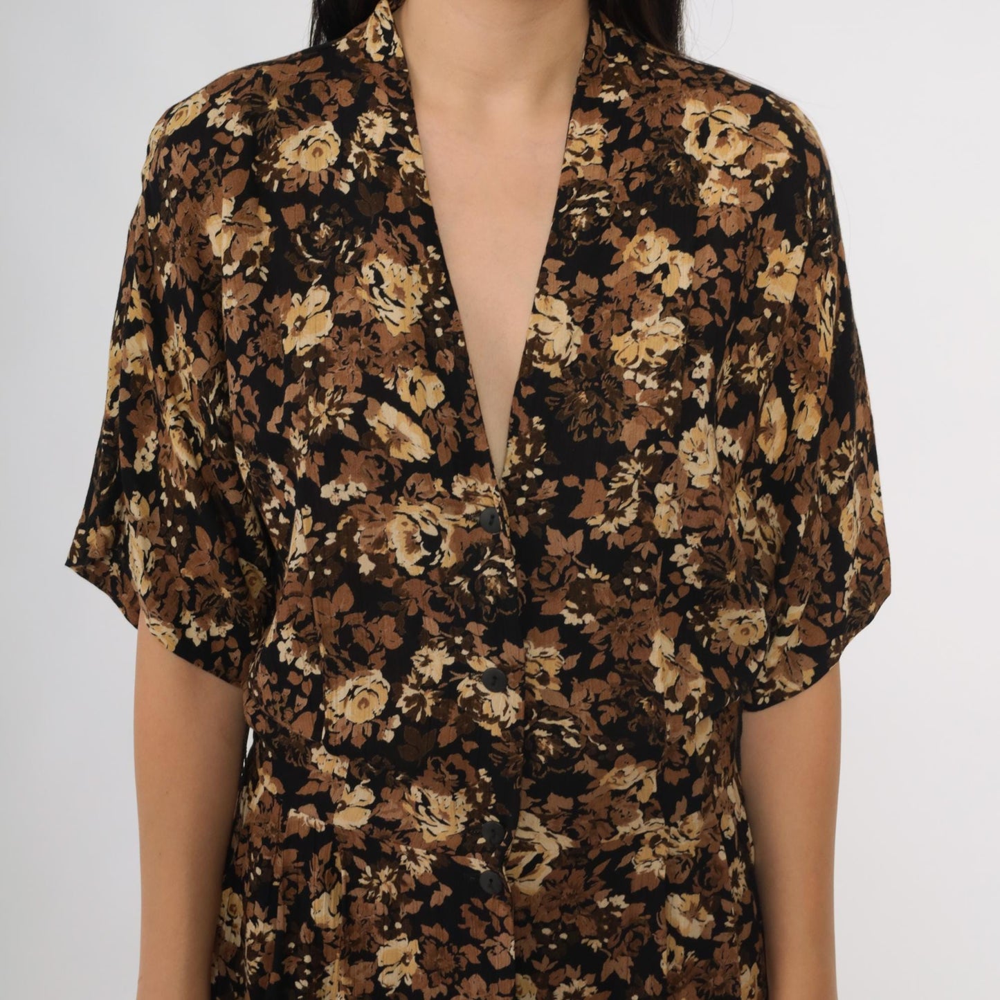 90s Rabbit Designs Floral Maxi Dress Black Rose Print Button Front Medium