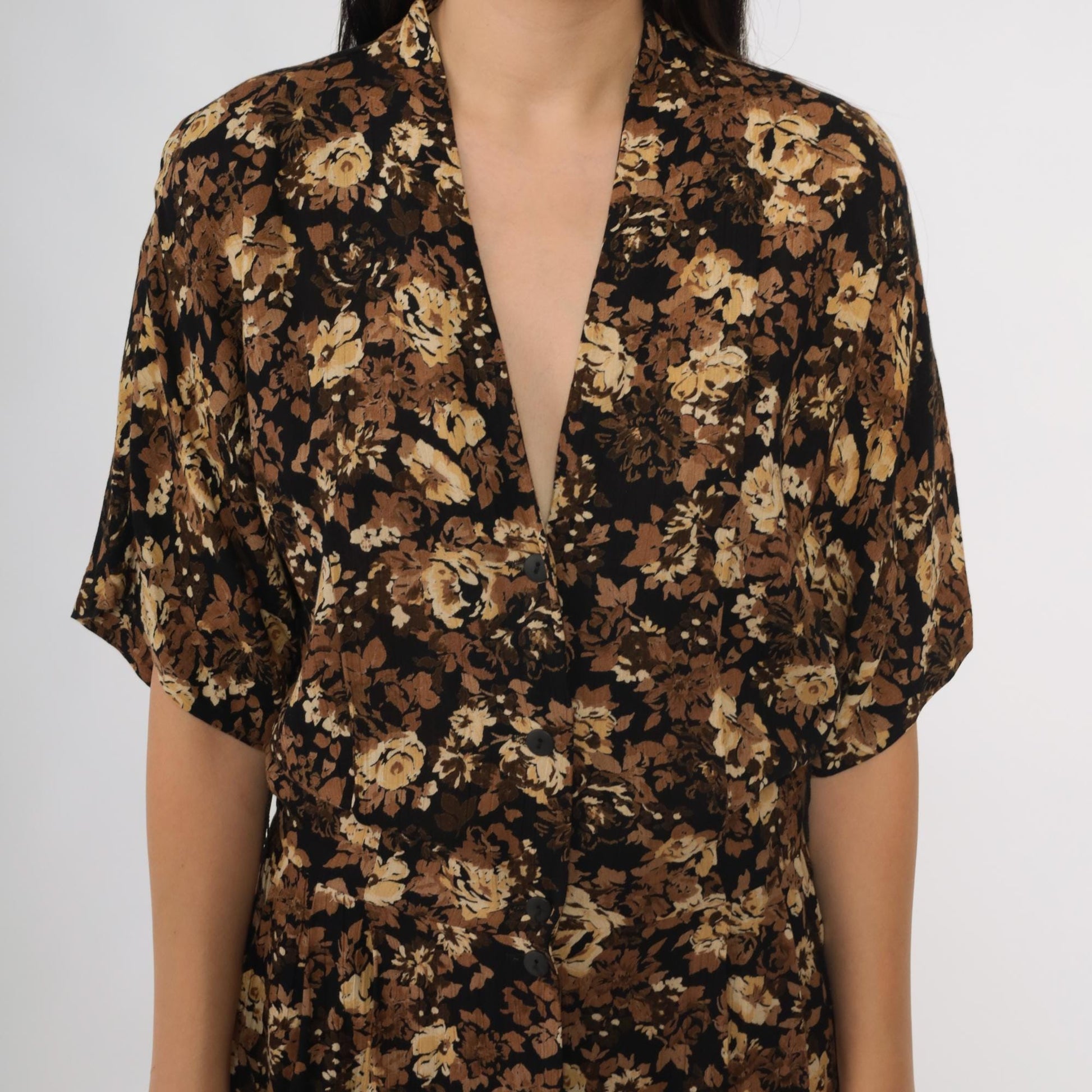 90s Rabbit Designs Floral Maxi Dress Black Rose Print Button Front Medium
