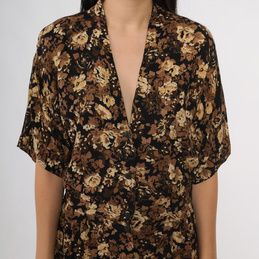 90s Rabbit Designs Floral Maxi Dress Black Rose Print Button Front Medium