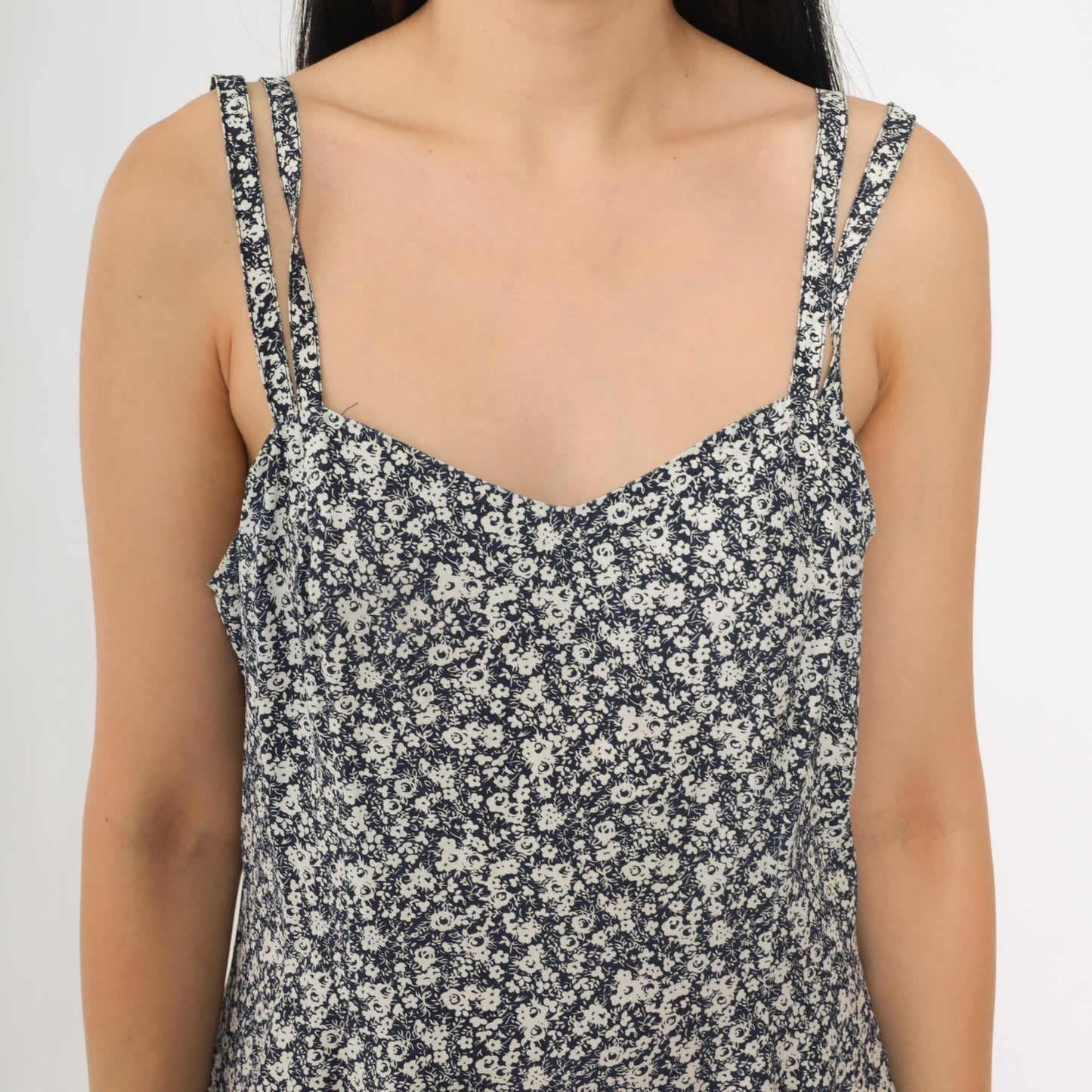 90s Navy Floral Mini Sundress Double Strap Sweetheart Neckline Small S