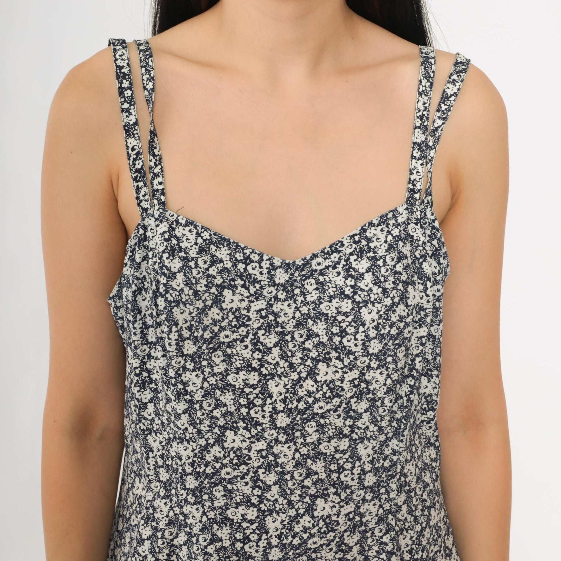 90s Navy Floral Mini Sundress Double Strap Sweetheart Neckline Small S