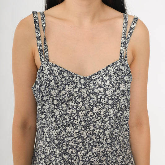 90s Navy Floral Mini Sundress Double Strap Sweetheart Neckline Small S