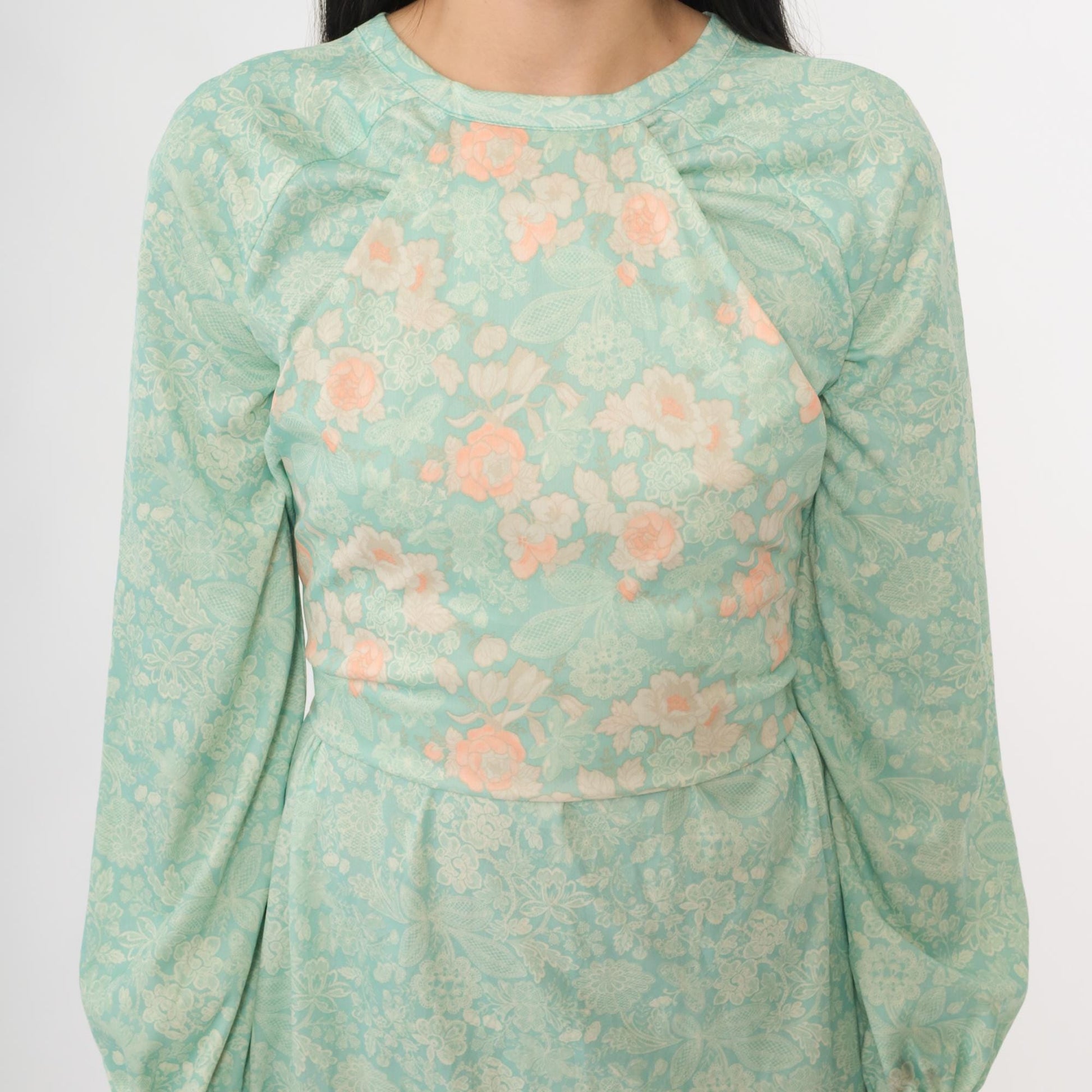 70s Pastel Green Floral Mini Dress Long Sleeve Tie-Back Medium