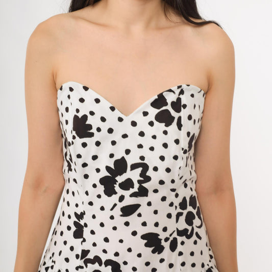 80s Rampage Strapless Mini Dress Black White Polka Dot Floral Sweetheart Small