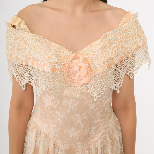 80s Scott McClintock Peach Lace Evening Gown Off-Shoulder Midi Small