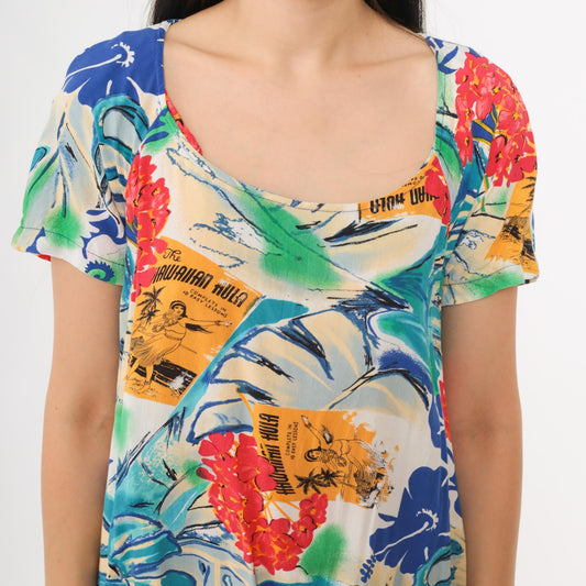 Y2K Jam's World Mini Dress Tropical Postcard Print Rayon Small S