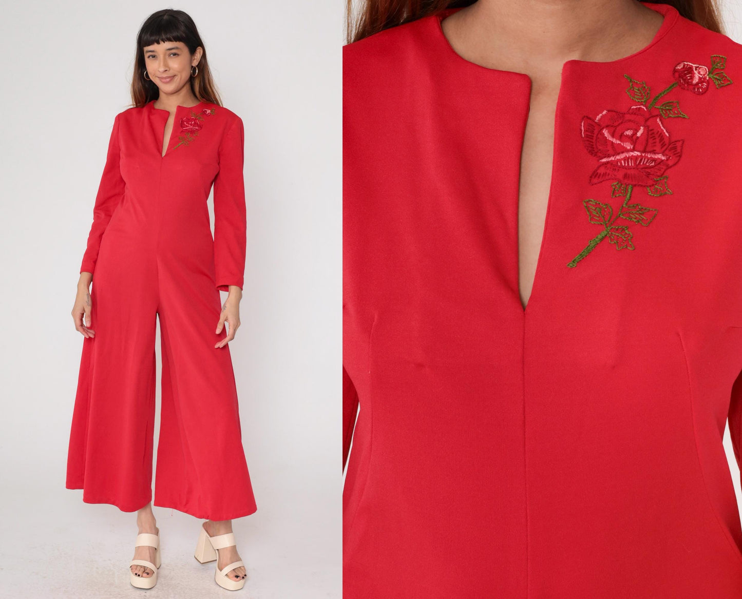 70s Red Jumpsuit Rose Embroidered Wide Leg V-Neck Long Sleeve Medium