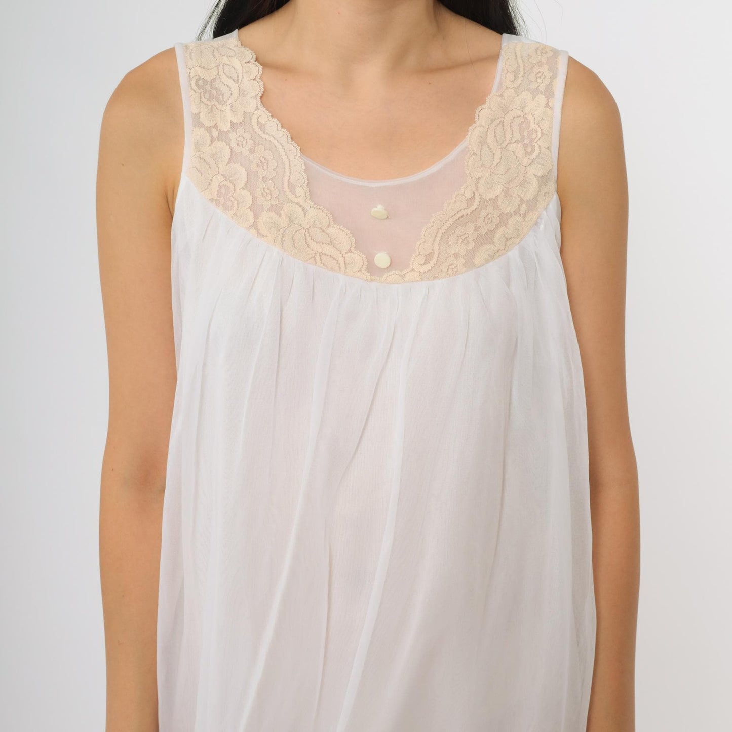 70s White Nylon Babydoll Nightgown Lace Yoke Sleeveless Knee-Length Medium