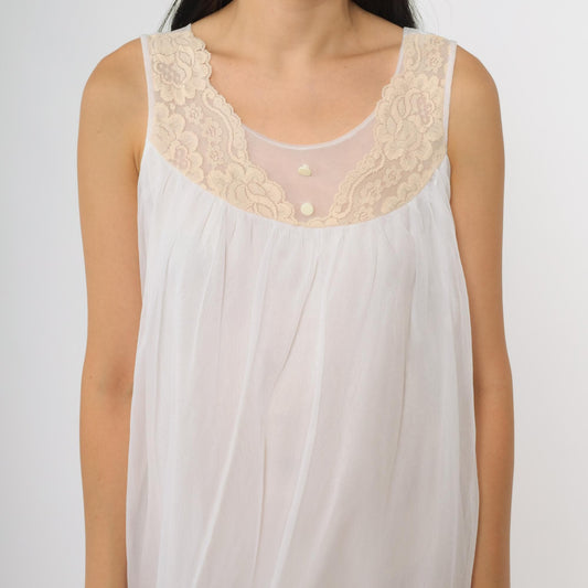 70s White Nylon Babydoll Nightgown Lace Yoke Sleeveless Knee-Length Medium