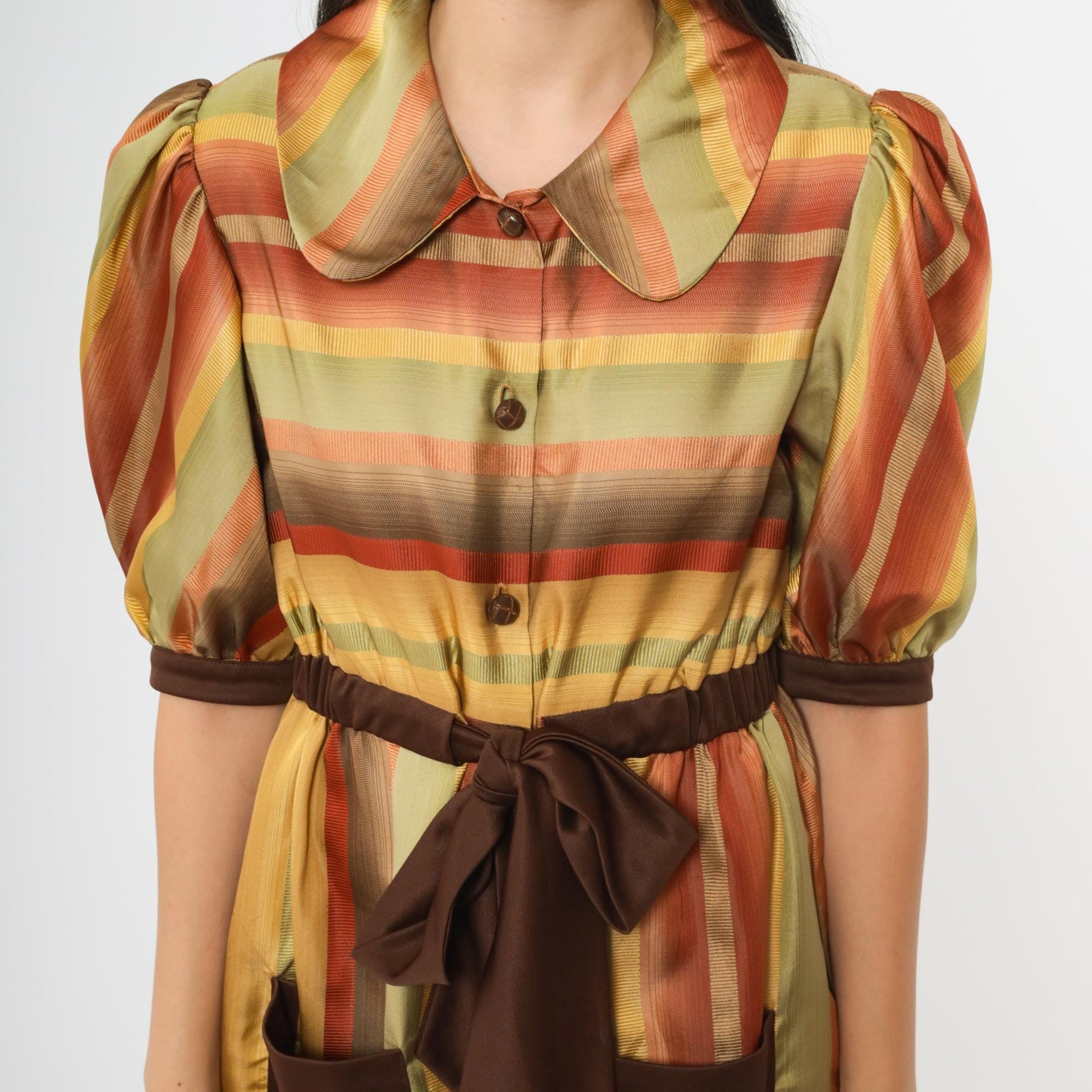 70s Rainbow Striped Mini Dress Brown Orange Yellow Puff Sleeve Peter Pan Collar Small