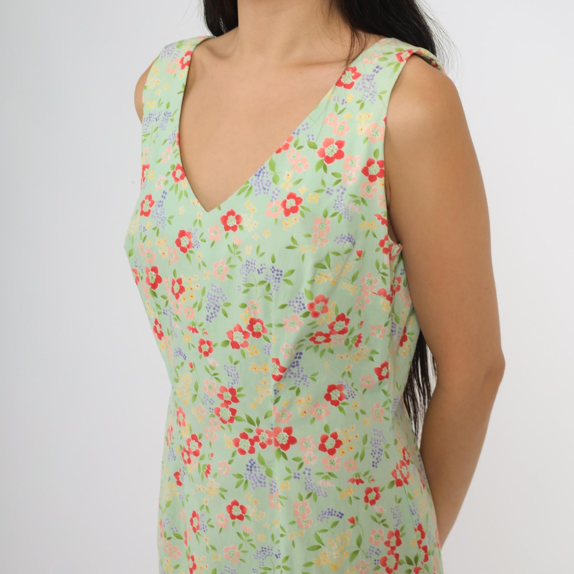 90s CDC Mint Floral Mini Dress Sleeveless V-Neck Small S