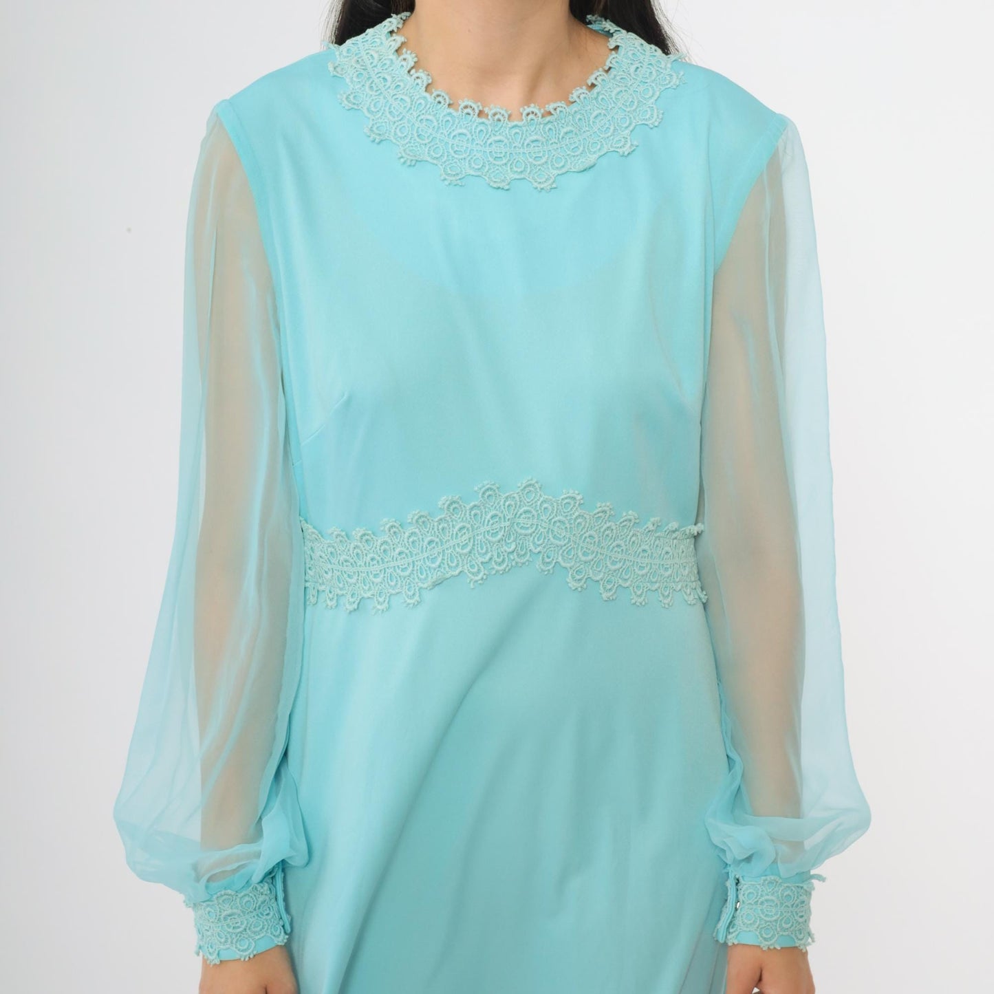 70s Turquoise Mini Dress Empire Waist Lace Trim Long Sheer Sleeves Large L