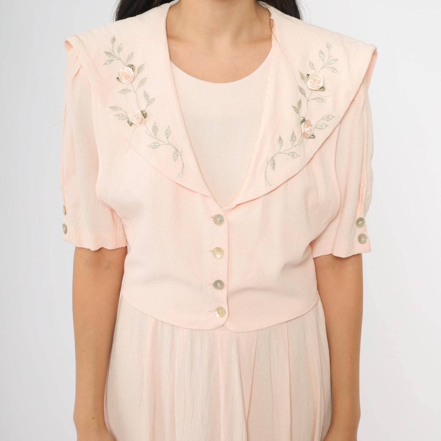 90s JBS LTD Rose Embroidered Maxi Dress Blush Pink Puff Sleeve Large