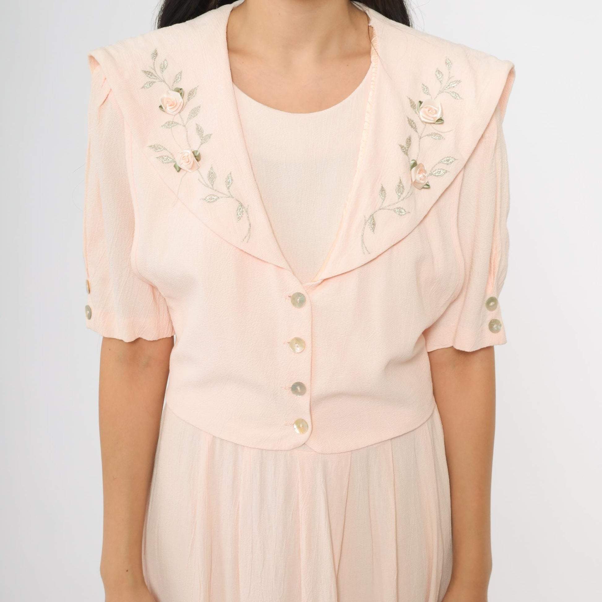 90s JBS LTD Rose Embroidered Maxi Dress Blush Pink Puff Sleeve Large