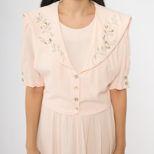 90s JBS LTD Rose Embroidered Maxi Dress Blush Pink Puff Sleeve Large