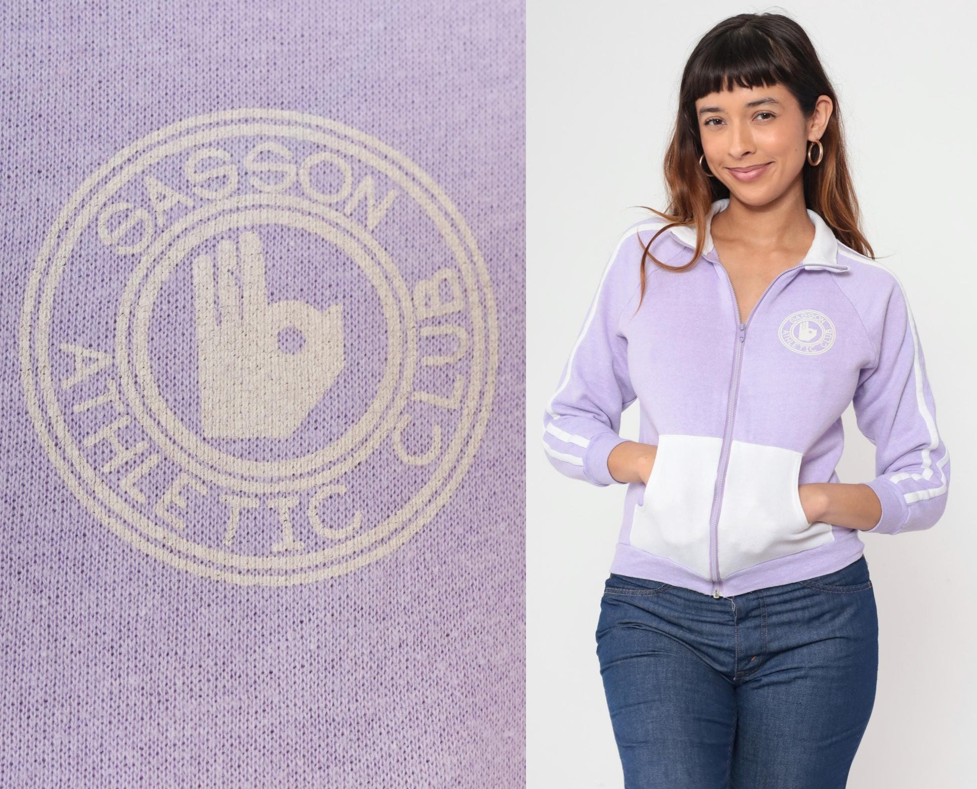 80s Sasson Lavender Track Jacket White Racing Stripe Zip Front Small