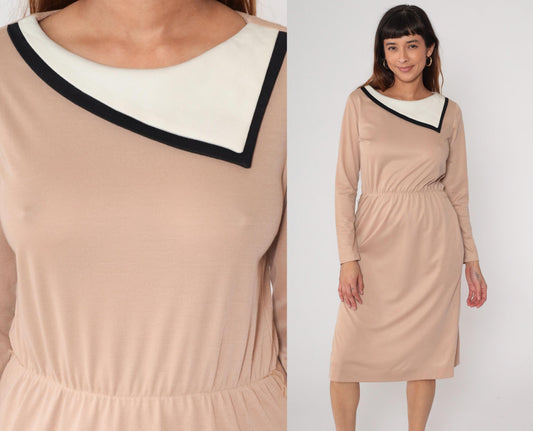 80s Color Block Midi Dress Tan Black White Geometric Long Sleeve Medium