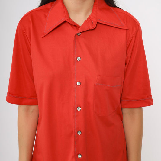 70s Arrow Button Shirt Orange-Red Short Sleeve Chest Pocket Medium M