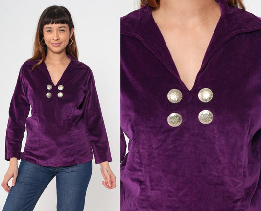 70s Purple Velvet Blouse V Neck Long Sleeve Silver Buttons Medium M