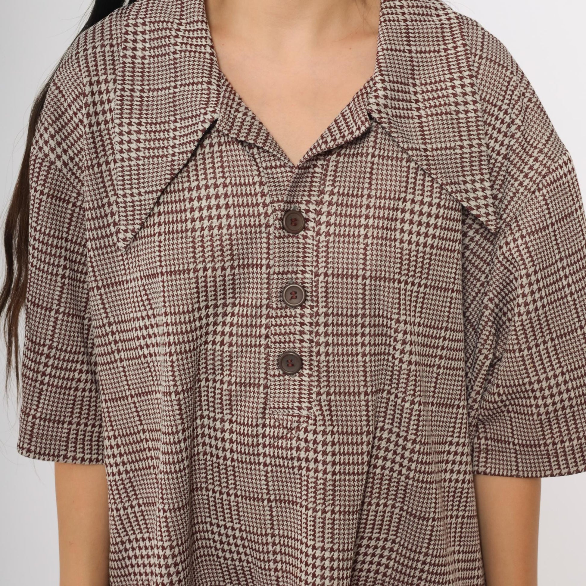 70s Houndstooth Glen Plaid Button Down Shirt Brown White Short Sleeve XXL