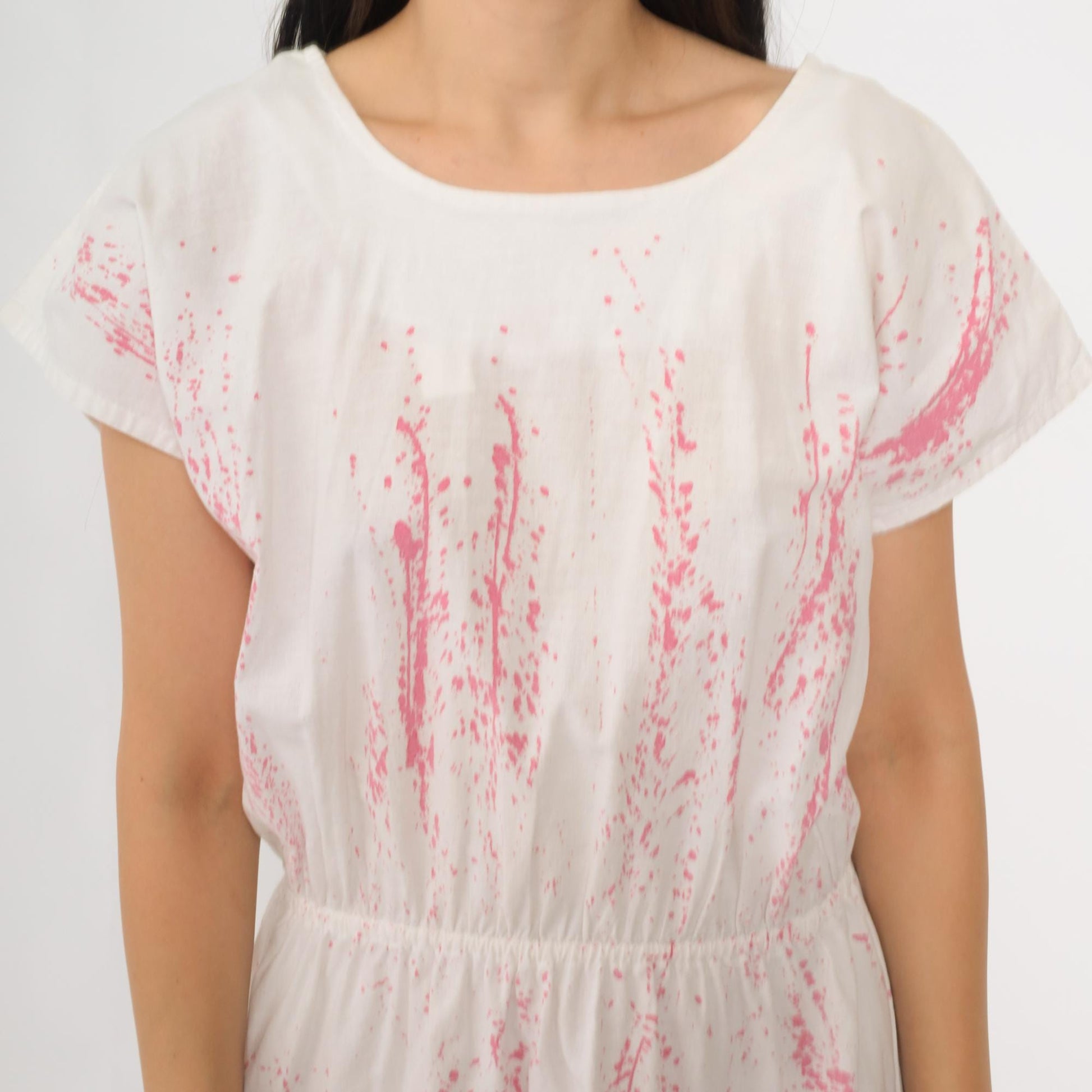 90s White Pink Splatter Print Midi Dress Cotton Short Sleeve Pockets Small