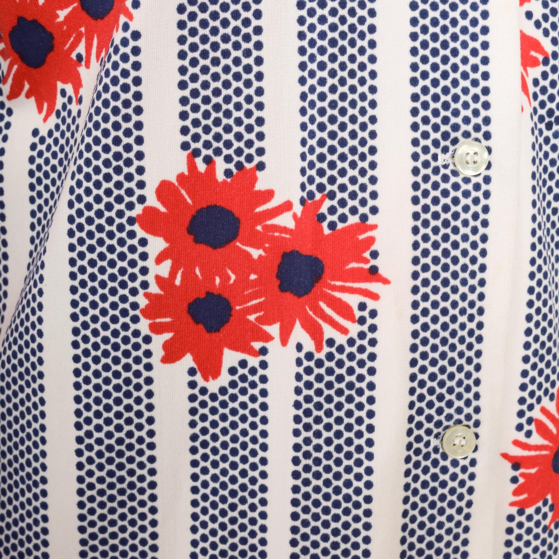 70s Shapely Floral Striped Button Down Shirt Navy Red Daisy Large L