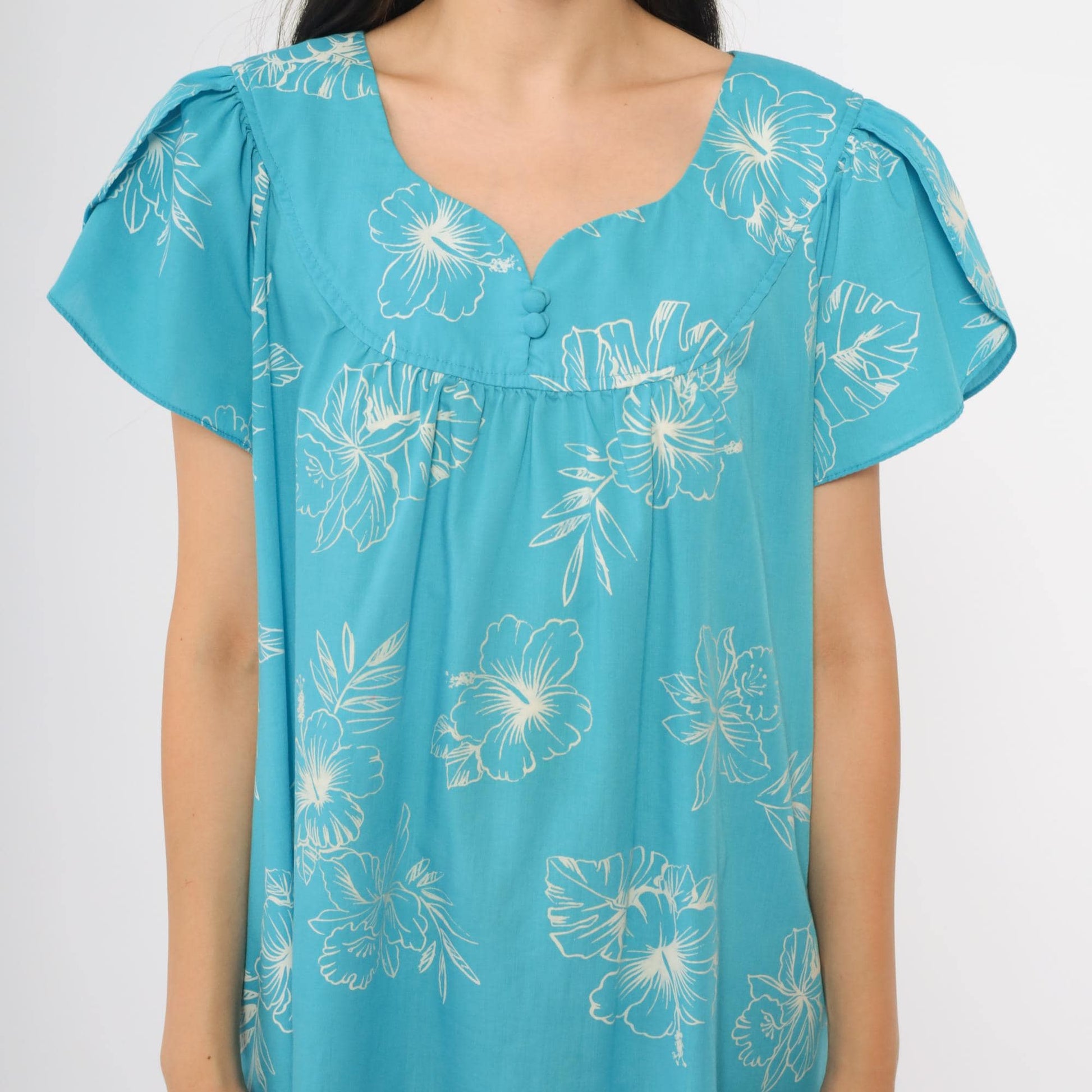 80s Turquoise Hibiscus Floral Midi Dress Scoop Neck Short Sleeve Loungewear Medium Large