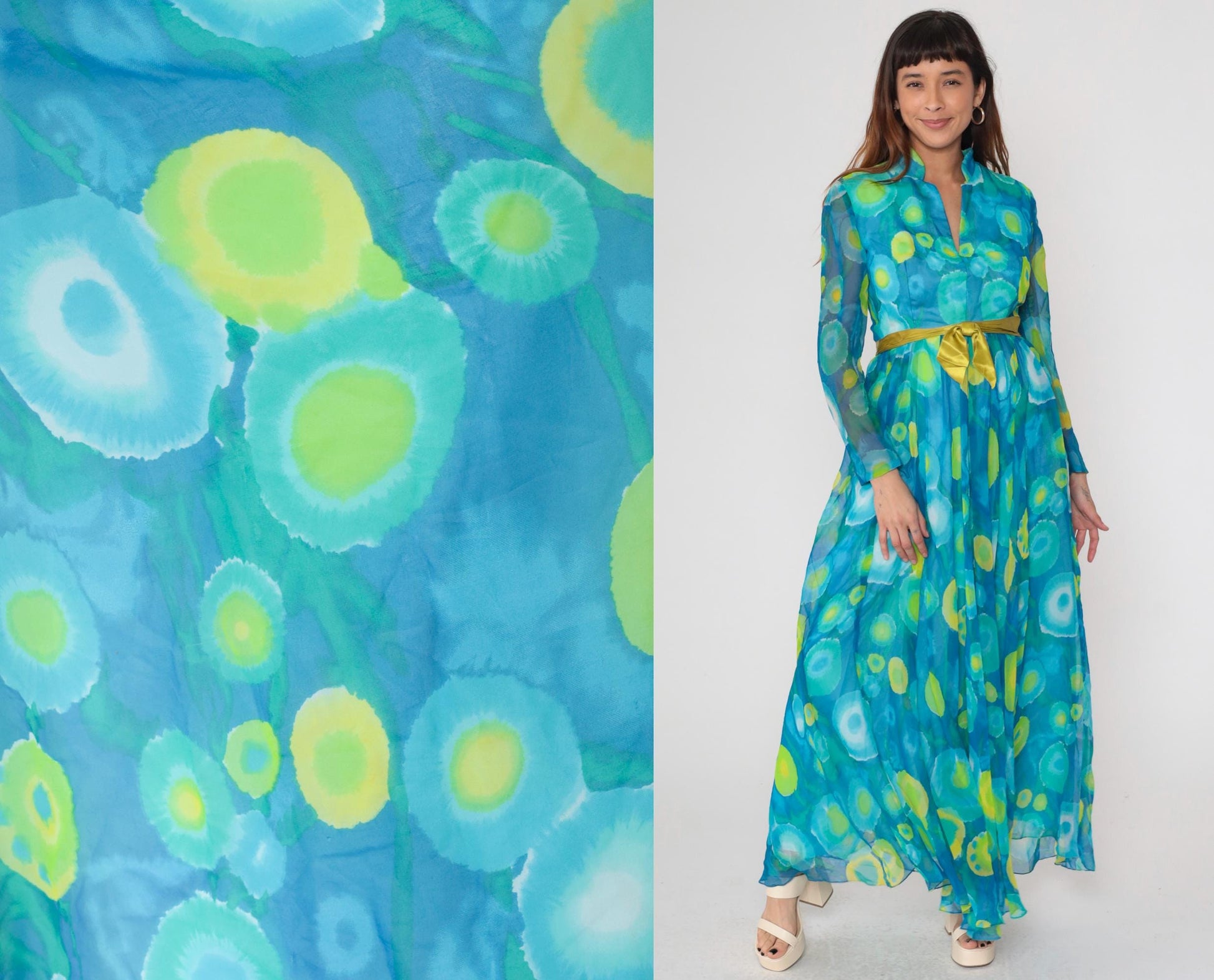 70s Maxi Dress Blue Green Psychedelic Print Sheer Collared Long Sleeve Medium