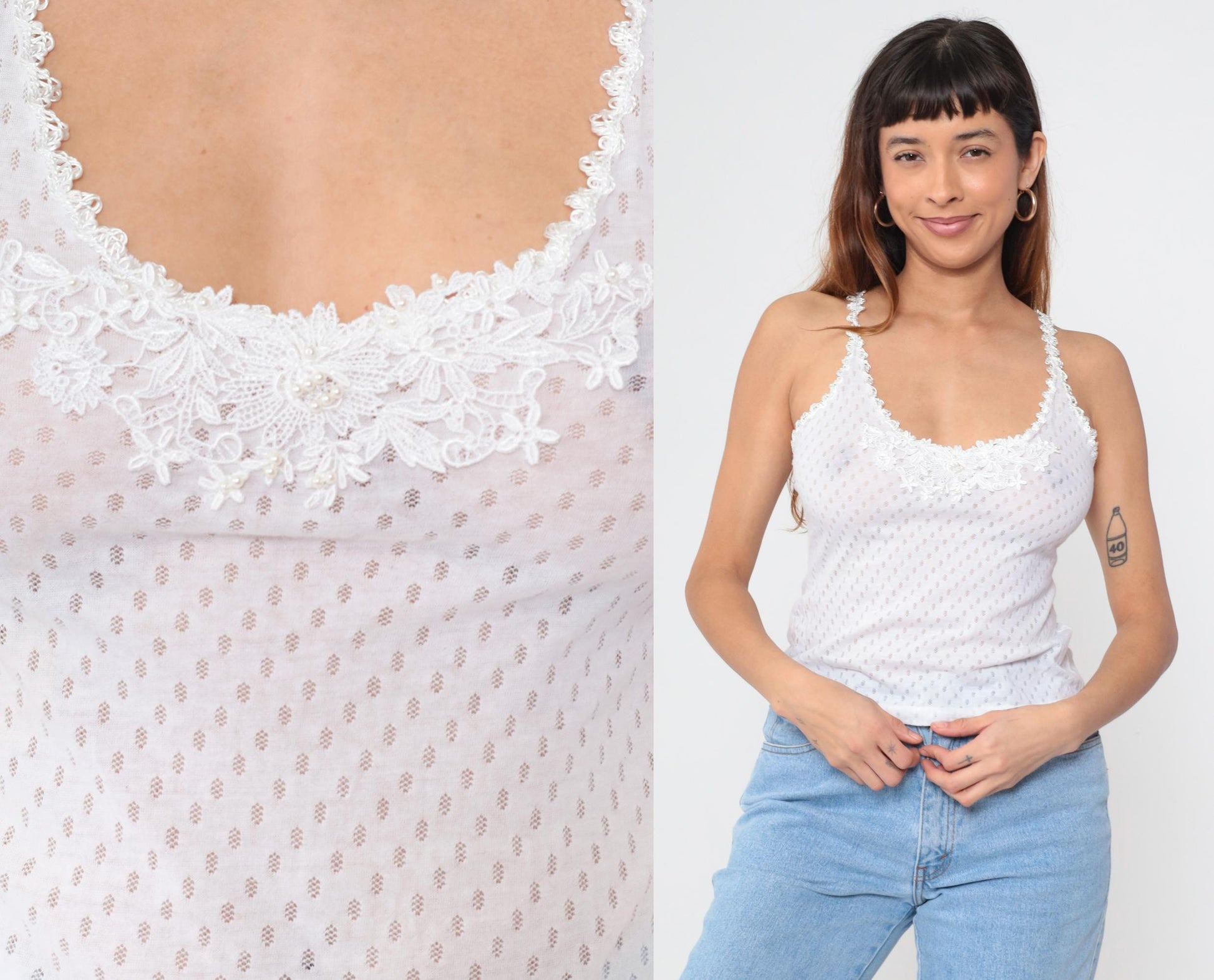 90s Karessah White Eyelet Camisole Lace Trim Spaghetti Straps Medium M