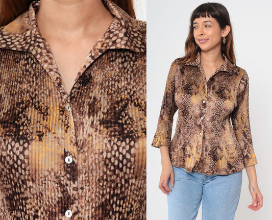 Y2K Jaclyn Smith Snake Print Blouse Brown Python Bell Sleeve Small S