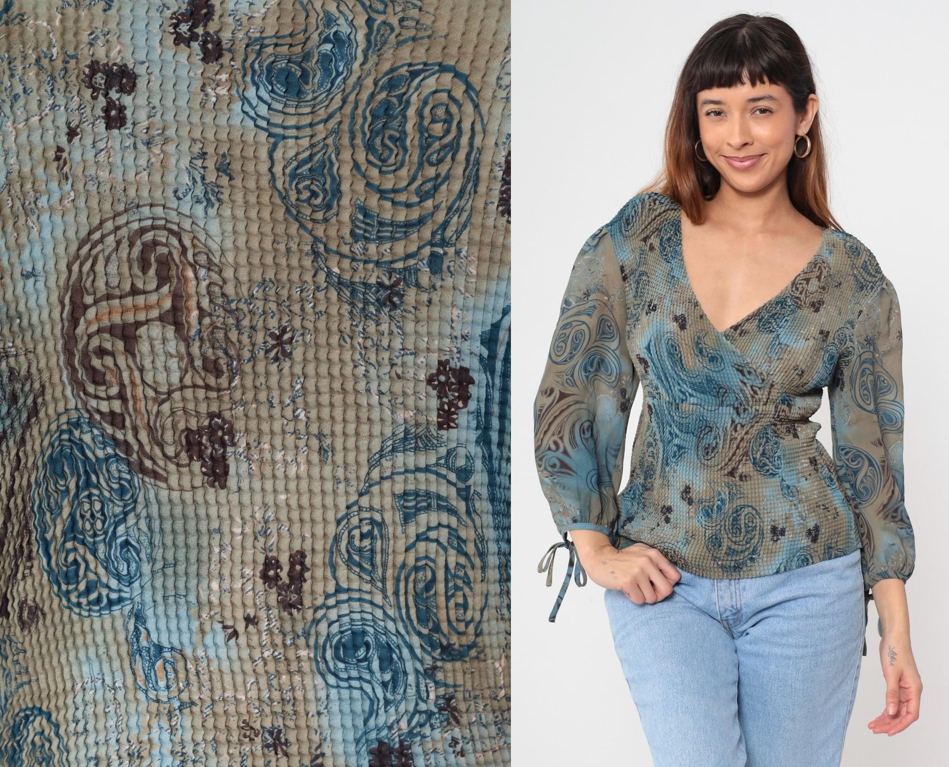 Y2K Nicola Paisley Wrap Top Blue Mixed Print Tie Sleeve Medium M