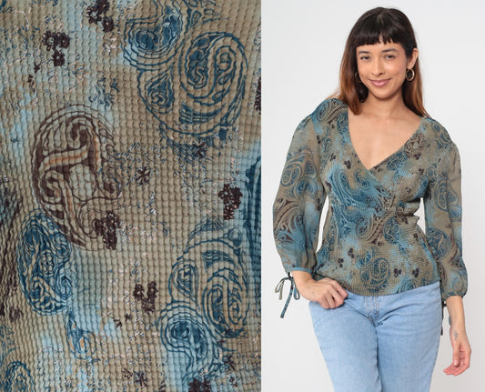 Y2K Nicola Paisley Wrap Top Blue Mixed Print Tie Sleeve Medium M
