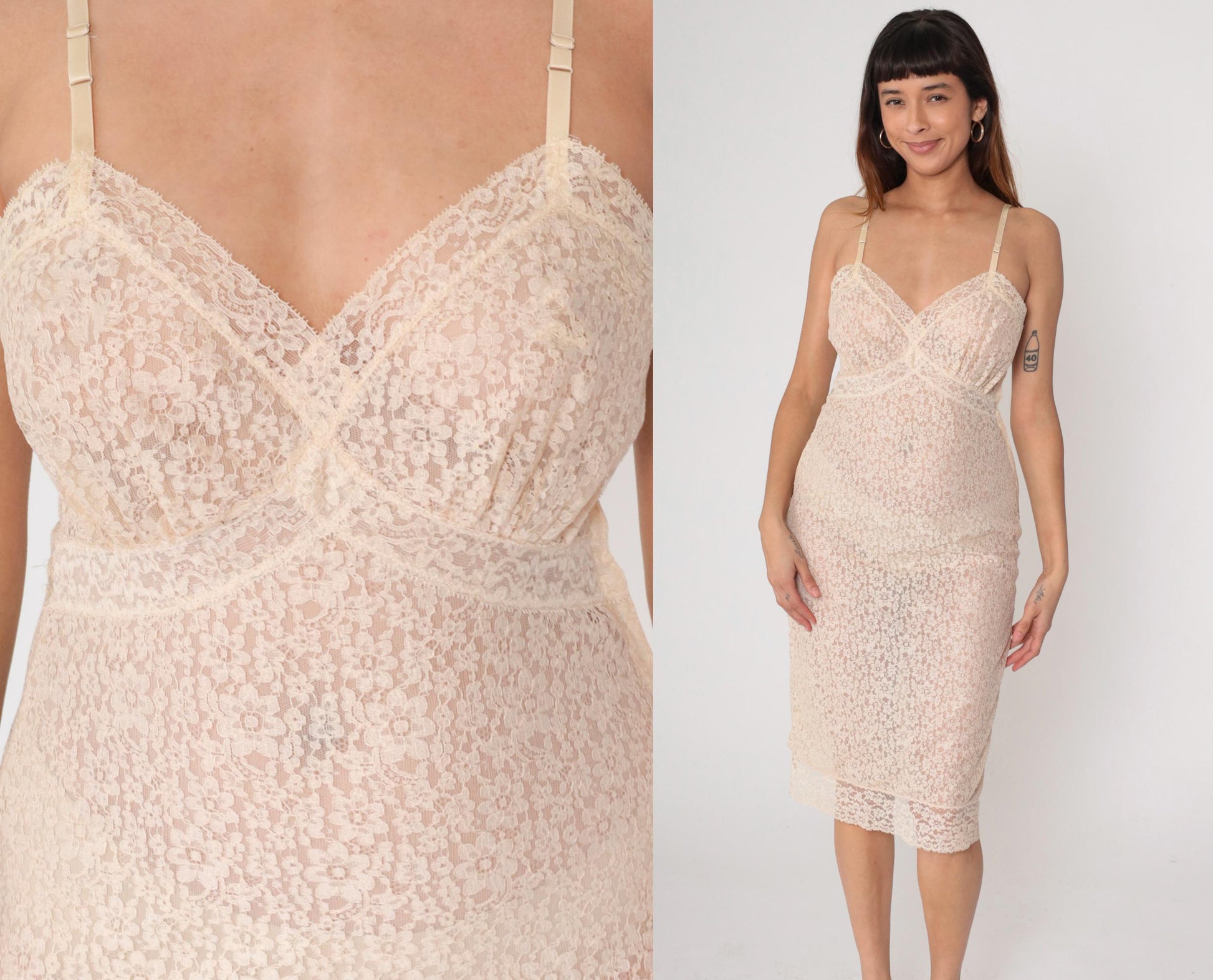 1940s Lace Slip Dress Nude Beige Floral Sheer Underwire Small