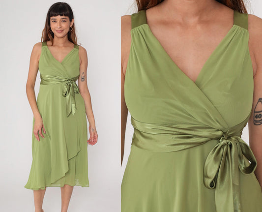 Y2K Green Satin Wrap Midi Dress V-Neck Chiffon Overlay Jones Studio Small