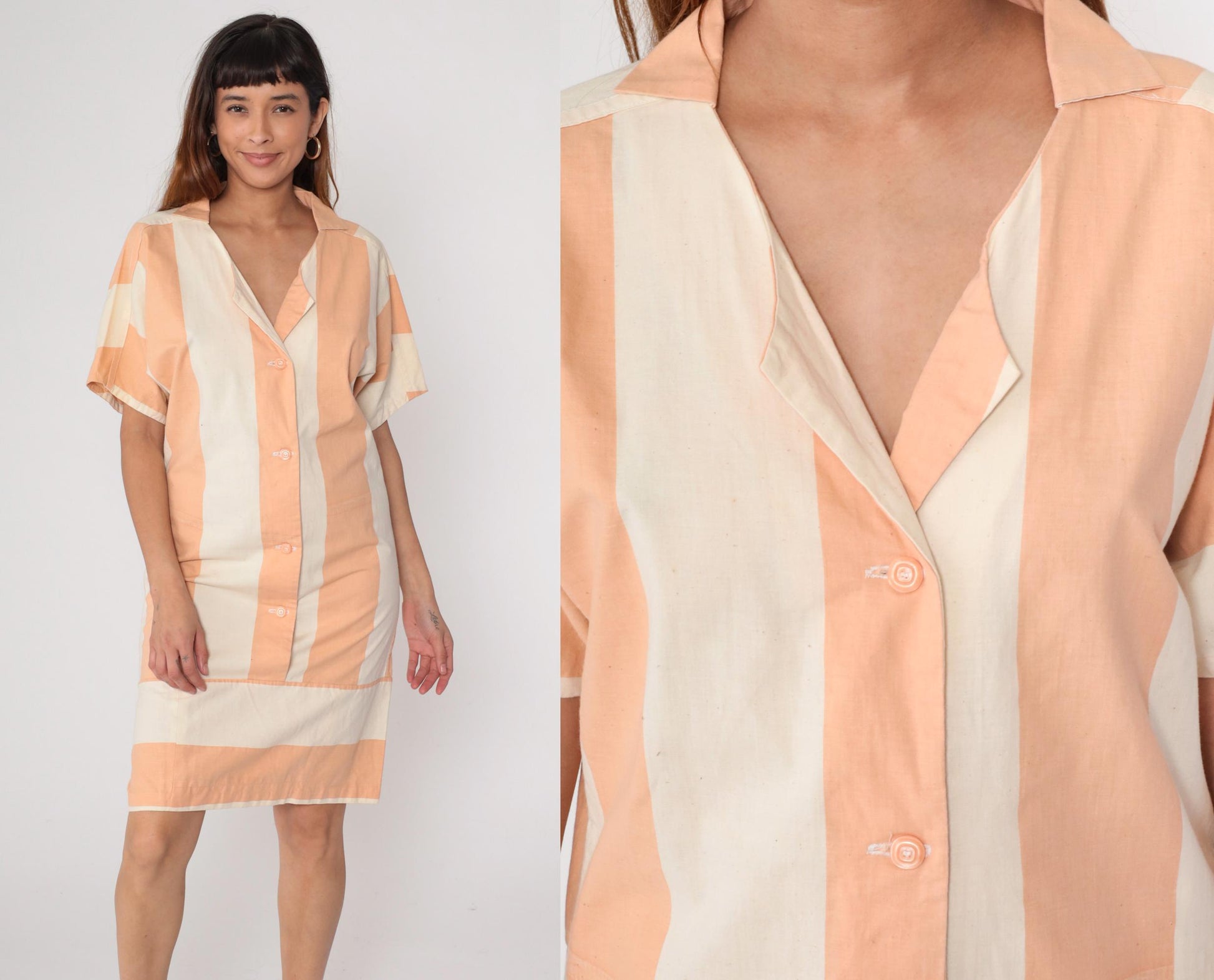 80s Peach Cream Striped Shirt Dress Button Front Collar Cotton Medium