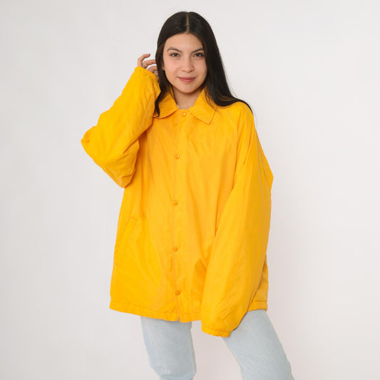 80s David Peyser Yellow Nylon Windbreaker Faux Fur Lined Coach Jacket Large