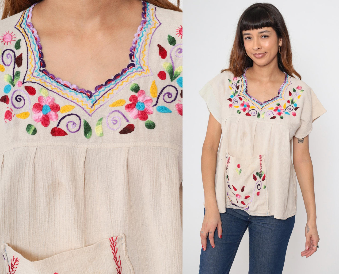 Y2K Mexican Embroidered Floral Cream Cotton Tunic Blouse Cap Sleeve Medium