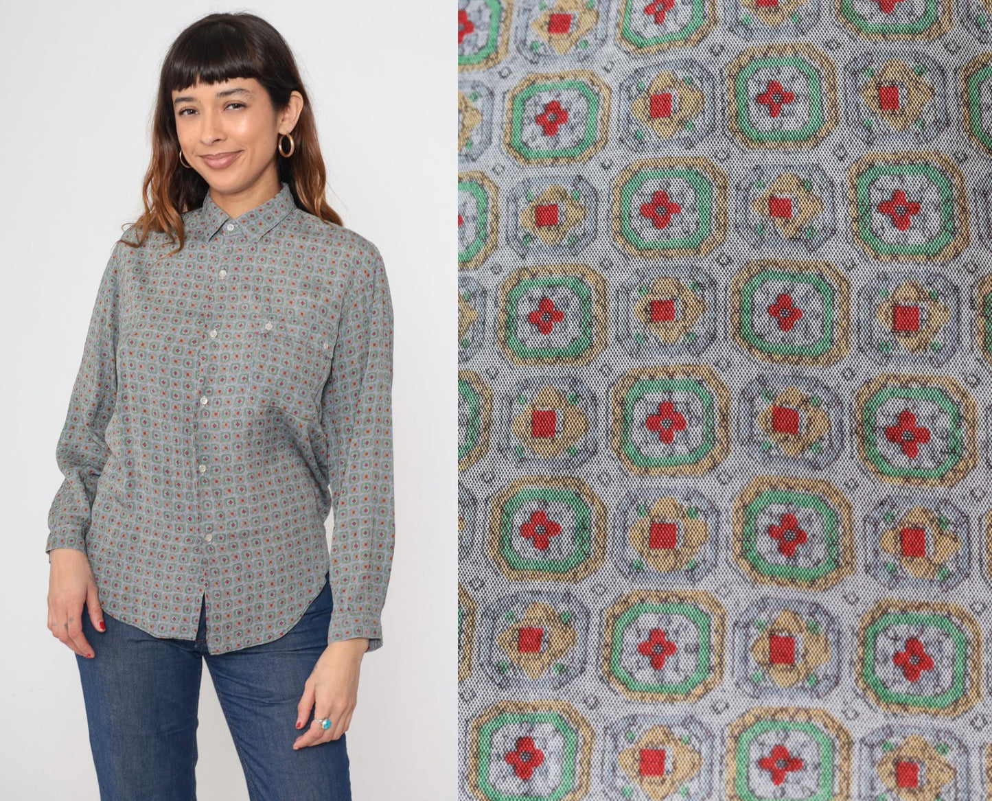 90s Geometric Floral Button Up Blouse Sage Green Red Print Medium