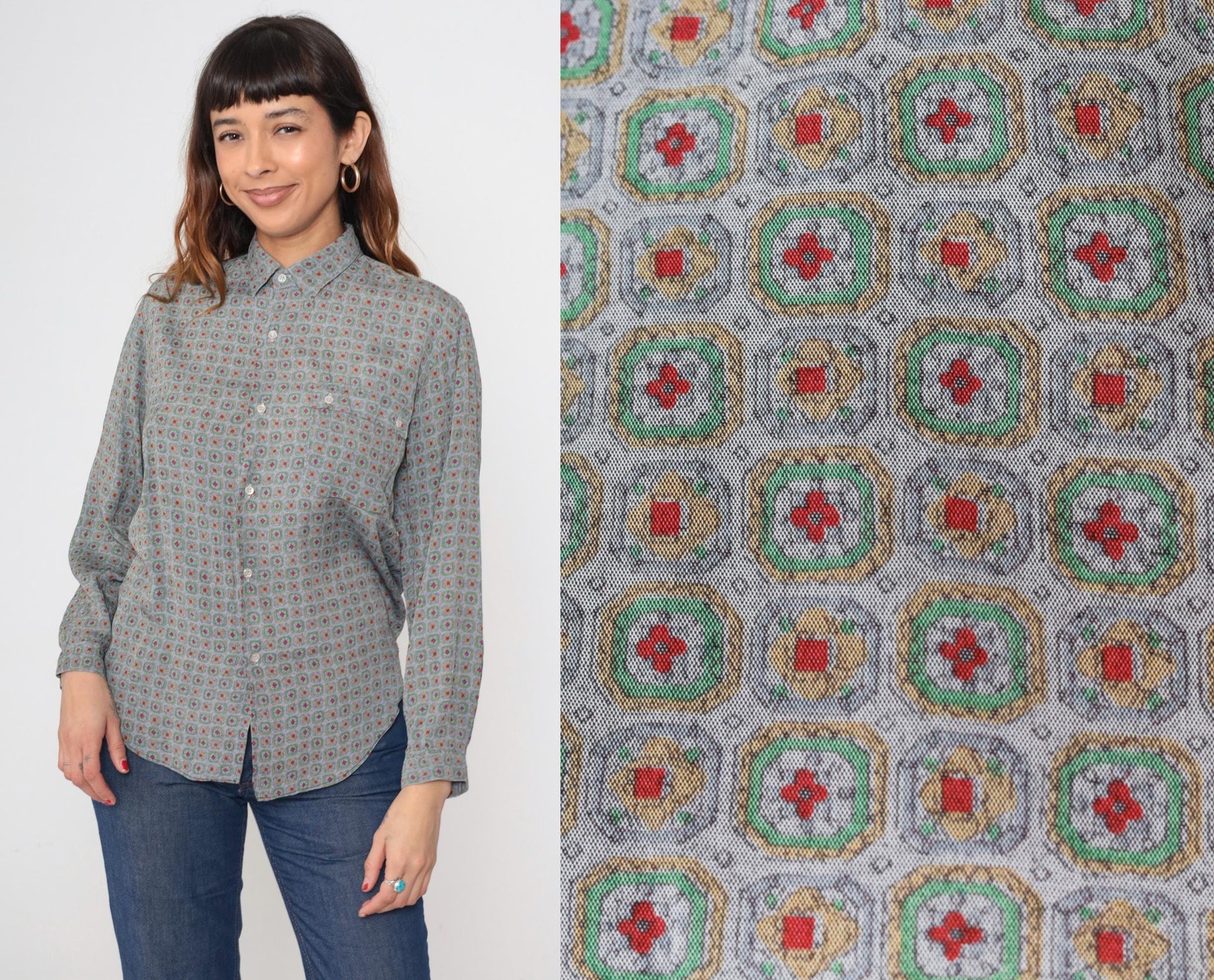 90s Geometric Floral Button Up Blouse Sage Green Red Print Medium